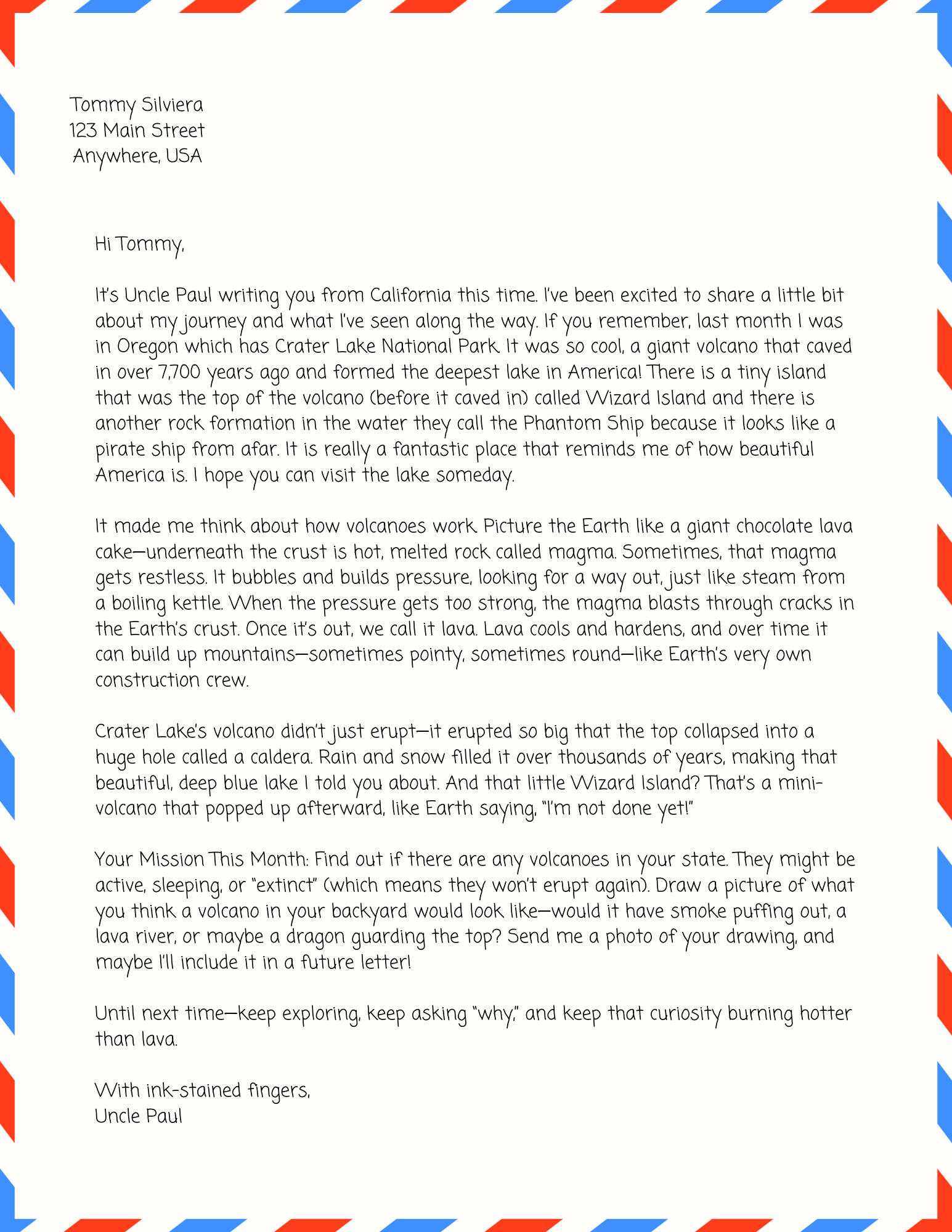 Sample Letter about Volcanos and Crater Lake
