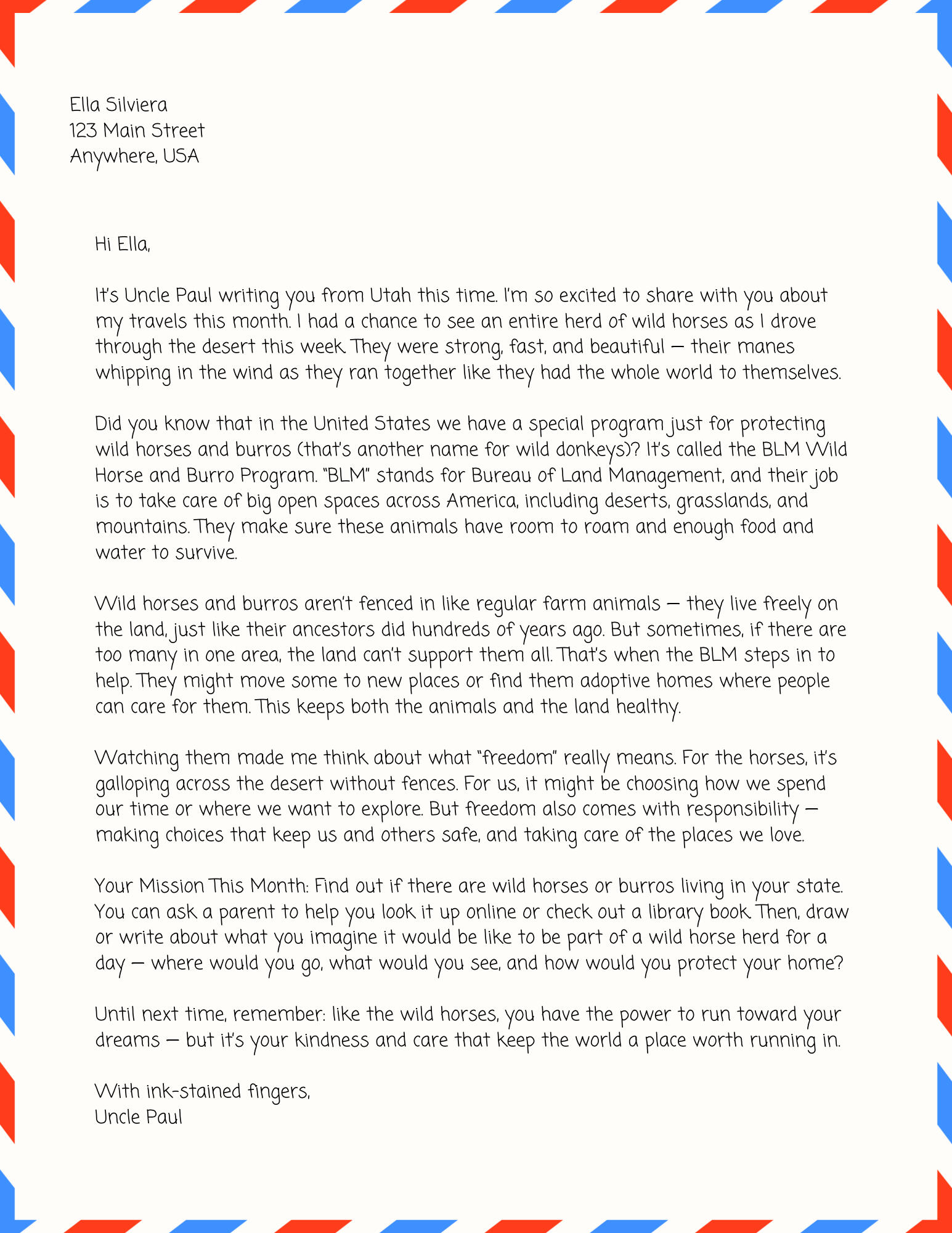 Sample Letter about Horses and Burros